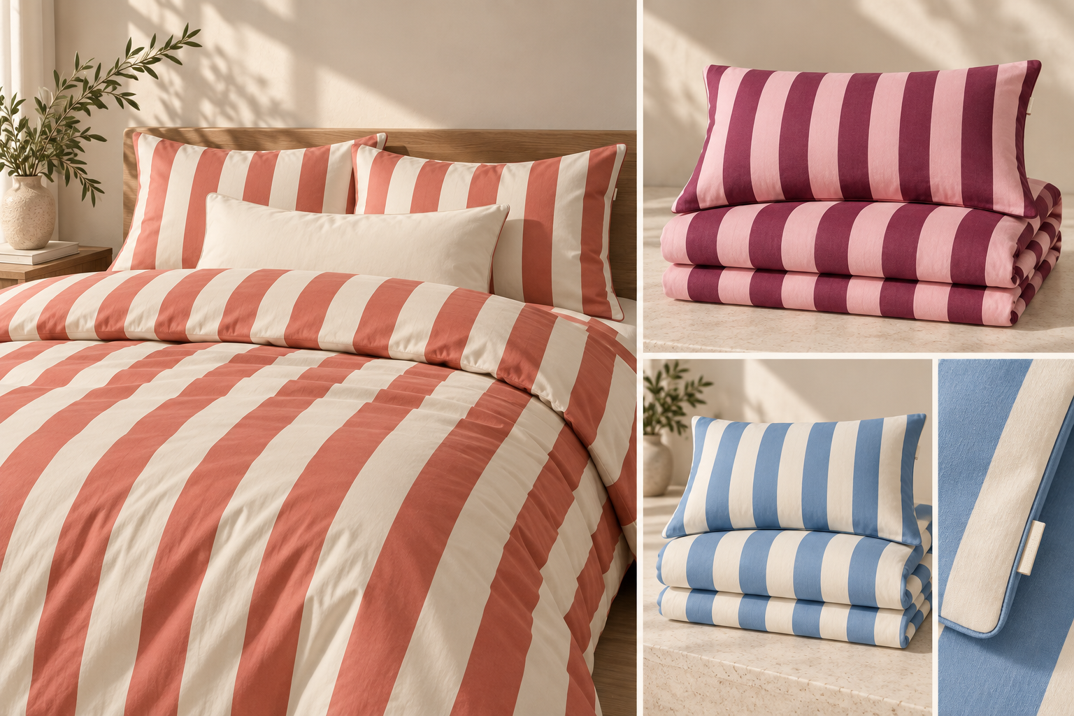 Coral and warm ecru cabana stripe duvet set