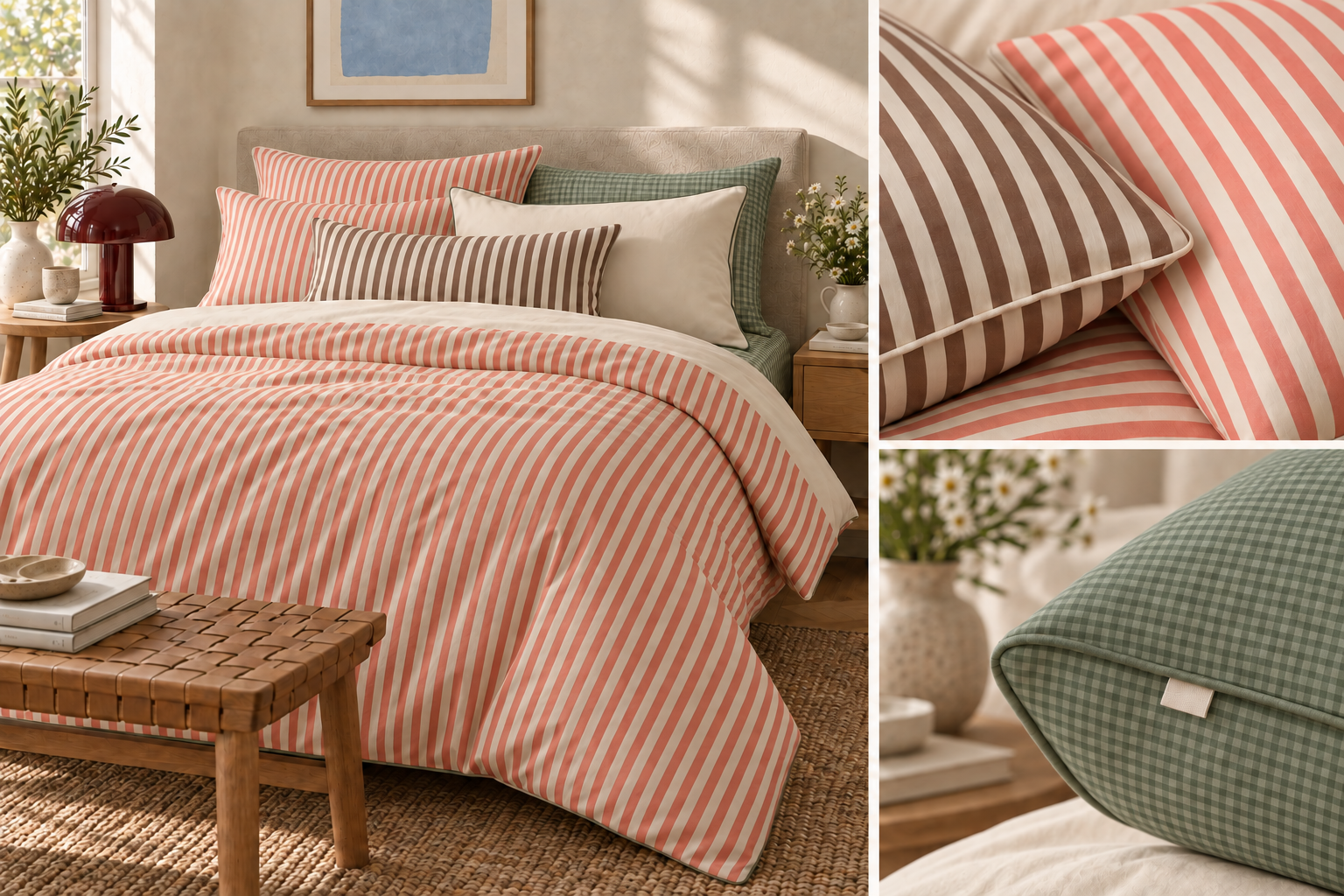 Coral striped Rest Day bedding with gingham details