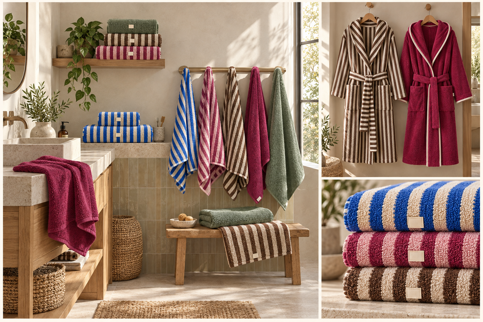 Rest Day bathroom with striped towels and robes
