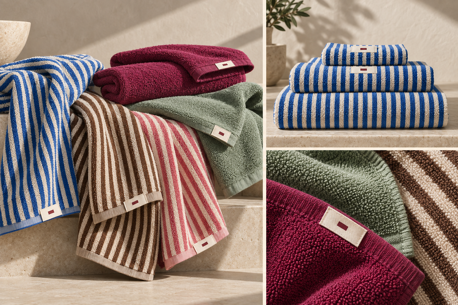 Bold striped towels in cobalt, cream, berry and soft pink