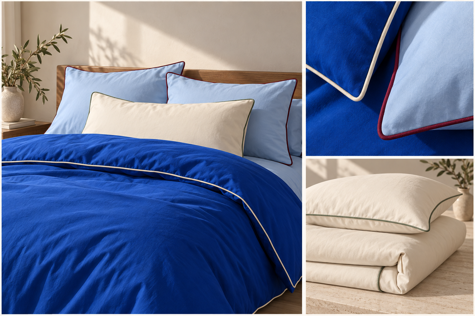 Cobalt piped duvet set with contrasting warm ecru edge